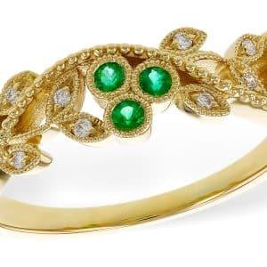 14K Yellow gold triple bezel set emerald clusters with leaves and filigree detail band bezel set with nine round emeralds, 0.17 total carat weight, and round brilliant cut natural diamonds, 0.06cttw, G/H, SI1+.