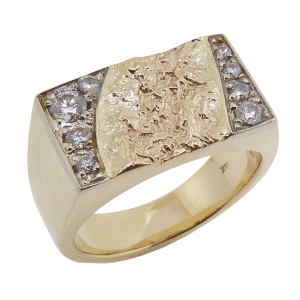 Bold Rough Texture Accent Diamonds Mens Yellow Gold Ring
