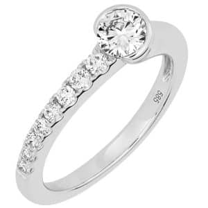 14K White gold Chatham lady's asymmetrical ring semi-bezel set with a 0.38 carat round brilliant cut lab grown diamond and claw set with 0.21cttw round brilliant cut lab grown diamonds on the band.