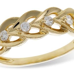 14K Yellow gold lady's open woven band with milgrain details and claw set round brilliant cut diamonds, 0.16cttw.
