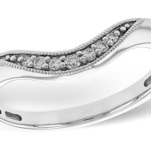 14K White gold curved pave set natural round brilliant cut diamond band, 0.08cttw.