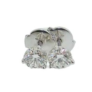 14K White gold three prong studs with locking backs claw set with ideal round brilliant cut diamonds, 0.483 carat, H, SI1 and 0.482 carat, J, SI2.