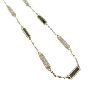 14K Yellow gold 16-18" 3x9 mm bar station necklace set with round brilliant cut diamonds totaling 0.50 carats and onyx.