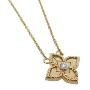 18K yellow gold 4x 15mm petal flower necklace set with 0.05 carat (2.30mm) round brilliant cut diamond in the center, 16" - 18"