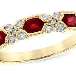 14K Yellow gold lady's bezel set ruby, 0.74cttw, and round brilliant cut natural diamond, 0.26cttw, lady's band with milgrain detail.