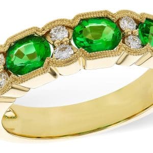 14K Yellow gold semi-bezel set emerald, 1.20cttw, and round brilliant cut natural diamond, 0.18cttw, lady's band.
