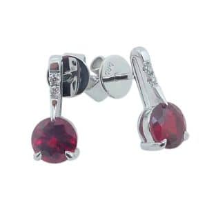 14K Yellow gold drop stud earrings claw set with 5mm round Chatham rubies, 1.35cttw, and round brilliant cut lab grown diamonds, 0.03cttw.