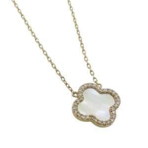14K Yellow gold 16-18"necklace mini 10 mm clover pendant with claw set diamond border pendant, totaling 0.12 carats.