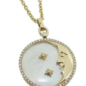 14K Yellow gold 18" cable chain with moon & stars pendant set with 24mm oval mother-of-pearl and 56 round brilliant cut diamonds, totaling 0.34 carats.