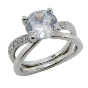 14K White gold split shank engagement ring claw set in the centre with a 2.0ct round brilliant cut CZ and pave set on the opposite bands with eighteen round brilliant cut natural diamonds, 0.26cttw.