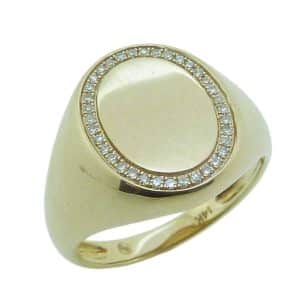 14K Yellow gold lady's signet ring with outline of thirty-six pave set round brilliant cut diamonds, 0.10cttw.