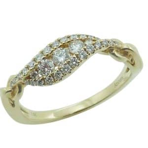 14K Yellow gold lady's diamond asymmetrical bypass halo style band channel and pave set with thirty-one round brilliant cut diamonds, 0.33cttw.