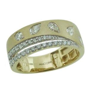 14K Yellow gold brushed and polished texture lady's band flush set with five pear brilliant cut diamonds, 0.44cttw, and claw set with twenty-six round brilliant cut diamonds, 0.20cttw.