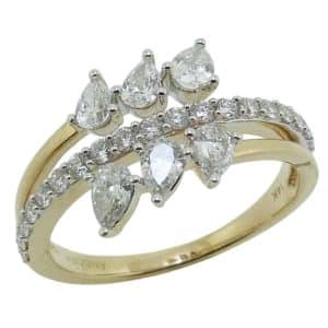 14K Yellow gold diamond lady's bypass fashion ring claw set with six pear shape brilliant cut diamonds, 0.56cttw, G, SI1-I1, and nineteen round brilliant cut diamonds, 0.27cttw, G, SI1-I1. This is a discontinued style.