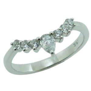 14K White gold curved lady's band claw set with a pear brilliant cut diamond, 0.17 carat, and six round brilliant cut diamonds, 0.19cttw.
