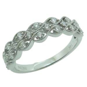 14K White gold woven lady's band with milgrain detail micro claw set with twenty-two round brilliant cut natural diamonds, 0.29cttw.