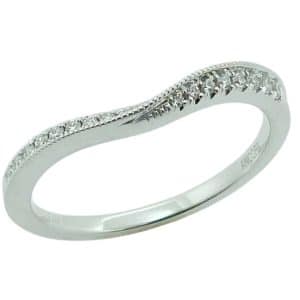 14K White gold twisted milgrain accented curved lady's wedding band pave set with sixteen round brilliant cut natural diamonds, 0.12cttw.