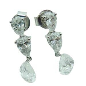 14K White gold pear shape lab grown diamond dangling earrings set with two each pear brilliant cut lab grown diamonds, all F/G, VS totalling 1.44cttw, 0.50cttw, 0.40cttw.