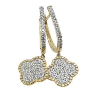 14K Yellow gold clover dangle leverback earrings claw and pave set with eighty-two round brilliant cut natural diamond, 0.33cttw. This is a DISCONTINUED STYLE.