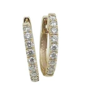 14K Yellow gold hinged lab grown diamond hoops claw set with eighteen round brilliant cut lab grown diamonds, 0.147cttw, D/E, VS+.