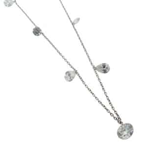14K White gold dangling diamond 16" necklace with a 0.78 carat round brilliant cut diamond, two round brilliant cut diamonds, 0.51cttw; two pear brilliant cut diamonds, 0.50cttw; and two pear brilliant cut diamonds, 0.84cttw, all F/G, VS.