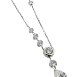 14K White gold all F/G, VS dangling diamond 16" necklace set with a pear brilliant cut lab grown diamond, 1.02 carat; two round brilliant cut lab grown diamonds, 0.10cttw; two round brilliant cut lab grown diamonds, 0.37cttw; and three round brilliant cut lab grown diamonds, 0.98cttw.