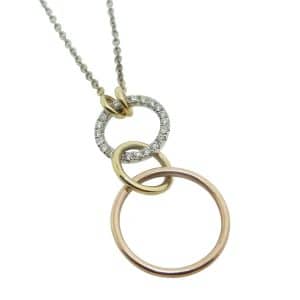 14K Tri gold interlocking circle dangle necklace set with twenty-two round brilliant cut diamonds, 0.14cttw. this is a DISCONTINUED STYLE.