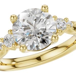 14K Yellow gold Allison Kaufman engagement ring claw set in the centre with a 2 carat round CZ and accented on the band with four claw set round brilliant cut diamonds, 0.16cttw.