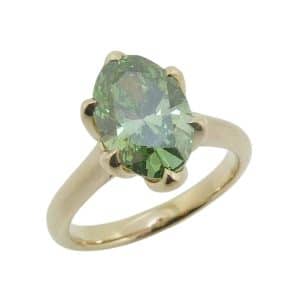 14K Yellow gold 6 prong tulip set engagement ring with a 2.00 carat fancy vivid green oval brilliant cut lab grown, VVS2.