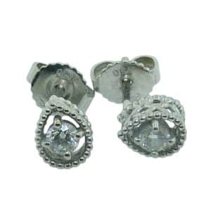 Estate 18K White gold dainty pear shape filigree diamond studs with butterfly backs, 0.18 total carat weight, H/I, SI.