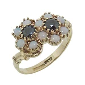 Estate 9K yellow gold lady's opal and sapphire ring double flower ring.