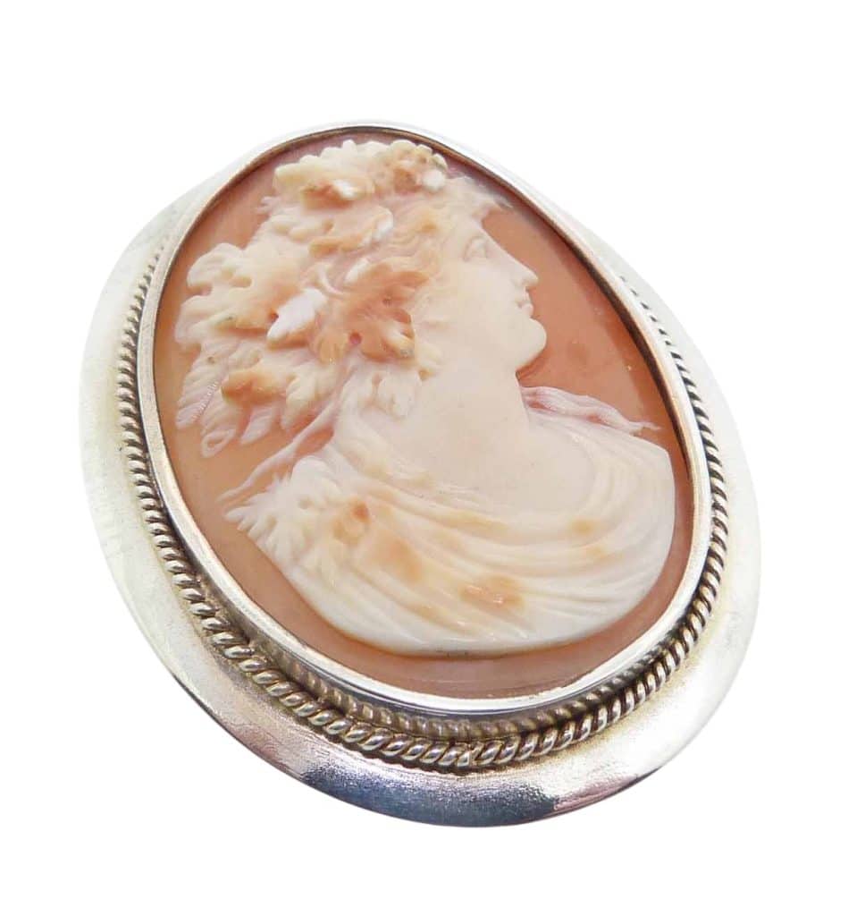 Estate Silver (not sterling "800") Brooch European Fine Carving of Conch Shell.