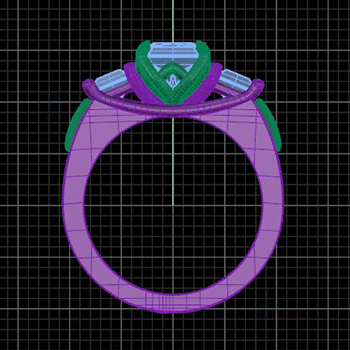 computer rendering through finger view of Fancy Intense Yellow Diamond Three-Stone Ring in Yellow Gold