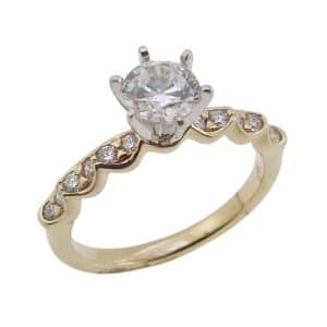 14K Yellow and white gold Allison Kaufman 6 prong engagement ring set with a 0.75 carat round CZ and pave set on the band with round brilliant cut diamonds, 0.25cttw.