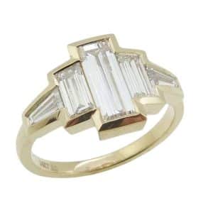 14K Yellow gold lady's ring bezel set with five lab grown baguette diamond, 2.0 total carat weight, D-F, VS.