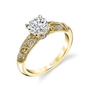 14K Yellow gold Sylvie Jewelry vintage style filigree engagement ring claw set with 1.90 carat, E, VVS2 Old European cut round lab grown diamond and fourteen natural round brilliant cut diamonds, 0.12cttw, G/H, SI.