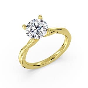 14K Yellow gold Sylvie Jewelry engagement ring with twist detail claw set with a 2.10 carat, D, VVS2 round brilliant cut lab grown diamond.