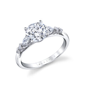 14K White gold Sylvie Galena engagement ring claw set in the centre with a 2.08 carat, D, VVS2, emerald cut lab grown diamond and six natural diamonds pear brilliant cut and round brilliant cut, 0.25cttw, G/H, VS-SI.