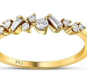 18K Yellow gold tapering baguette and round brilliant cut diamond band, 0.30cttw.