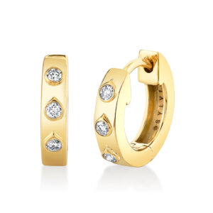14K Yellow gold Sylvie Shell Bezel Spaced Diamond Huggies bezel set with six round brilliant cut diamonds, 0.13cttw.