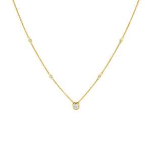 14K Yellow gold Sylvie Bezel Diamond 18" Necklace bezel set with five round brilliant cut diamonds, 0.32cttw.