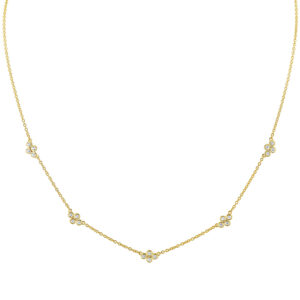14K Yellow gold Sylvie Tulira Diamond Flower Station Necklace, bezel set with twenty round brilliant cut diamonds, 0.29cttw.