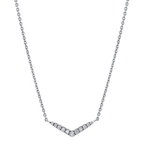 14K White gold Sylvie V Shaped Diamond necklace claw set with eleven round brilliant cut diamonds, 0.13cttw.