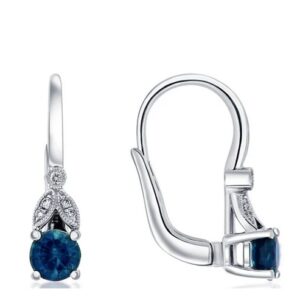 14K White gold leverback earrings set with two Montana sapphires, 0.87cttw, and 0.04cttw round brilliant cut diamonds.