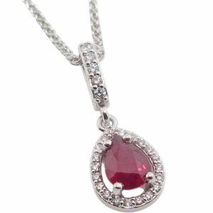 14K White gold 0.89 carat pear Ruby halo pendant with twenty-six natural round brilliant cut diamonds, 0.139cttw, G/H, SI1-2.