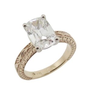 14K Yellow gold engagement ring with engraved detail claw set with a cushion old mine lab grown diamond, 2.59 carat, E, VVS2.