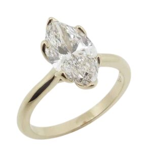 14K Yellow gold engagement ring six petal prong set with a 2.05 carat, D, VVS2 marquise brilliant cut lab grown diamond.