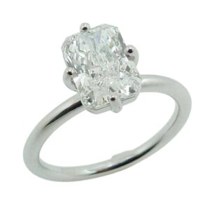 14K White gold solitaire engagement ring compass set with a 2.02 carat, D, VS1, radiant cut lab grown diamond.