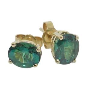 14K Yellow gold oval green tourmaline claw set stud earrings, 2.45cttw.