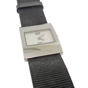 Estate Lady's Gucci watch with rectangular stainless steel case and black fabric strap.
